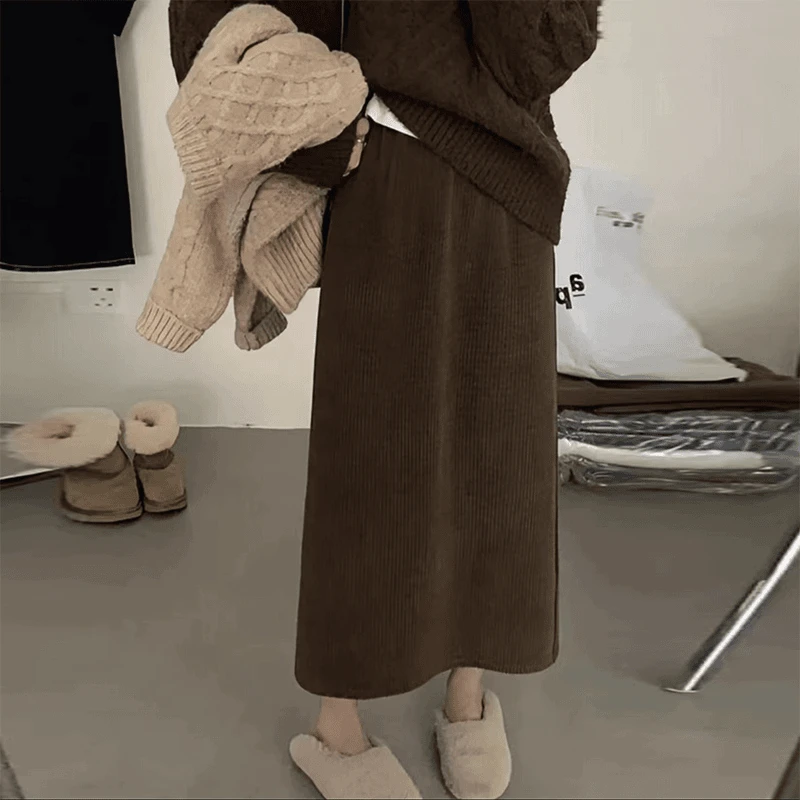 包臀半身裙高腰女秋款加绒加厚直筒开叉休闲半身裙中长款长裙6689