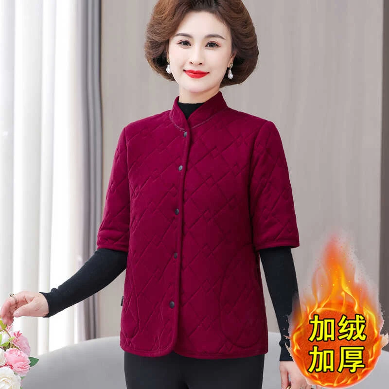 秋冬妈妈装加绒德绒中袖棉衣中老年女士加厚保暖马甲半袖棉袄外套