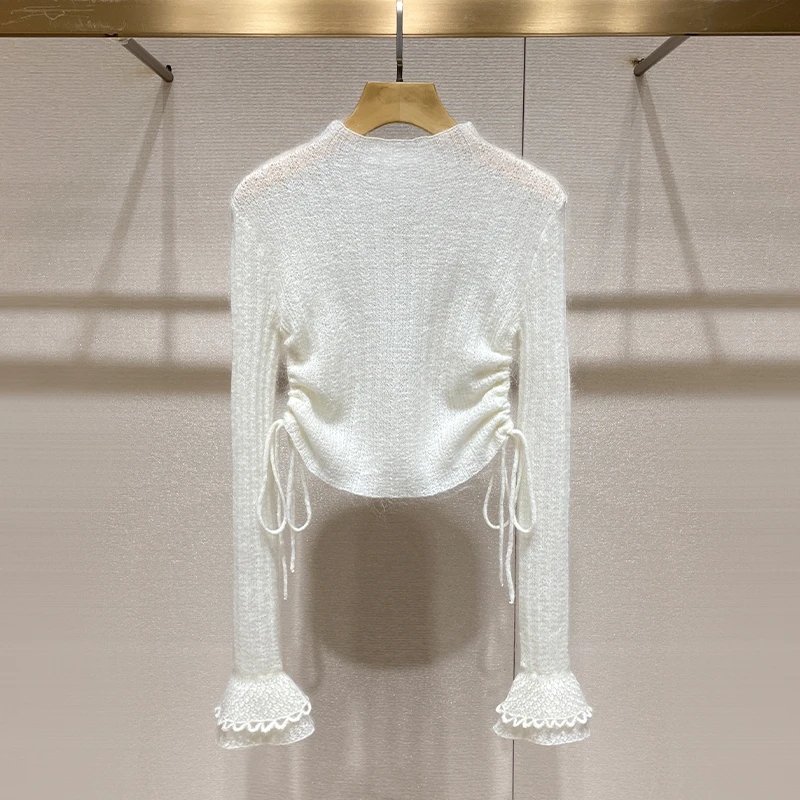 今年流行的上衣2024秋季新款设计感绑带显瘦收腰小高领打底针织衫