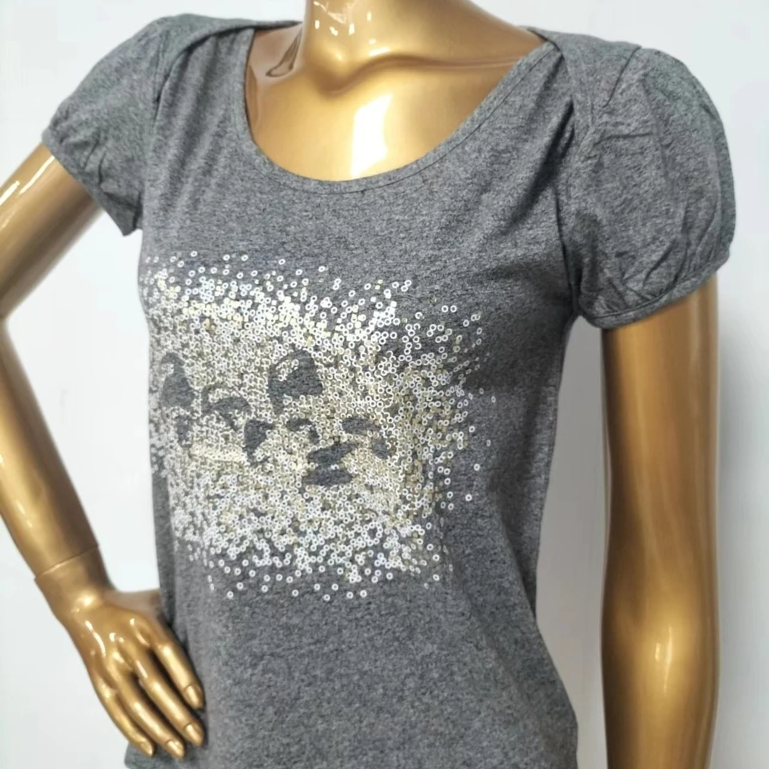 女装休闲半袖蕾丝印花T恤时尚夏季百搭灰色高端气质打底圆领女款