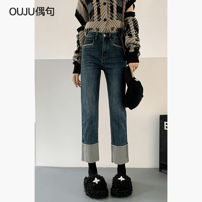 高腰直筒牛仔裤女宽松设计感2023新款春季复古九分显瘦烟管裤裤子