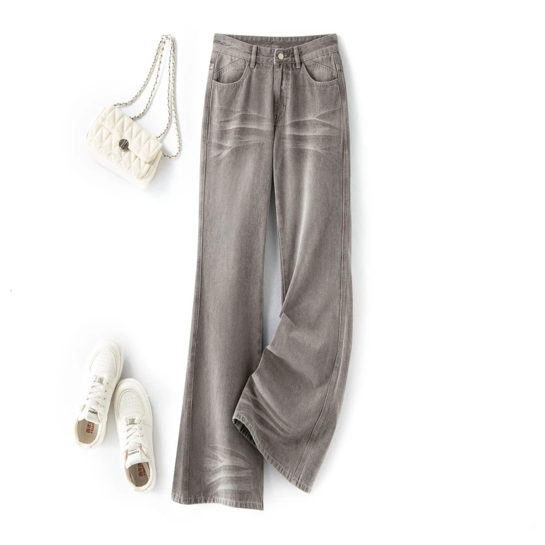 OUJU/偶句百搭波纹灰喇叭裤显瘦春秋刺绣牛仔裤直筒时尚外穿