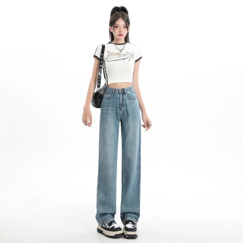 OUJU/偶句偶句阔腿牛仔裤女宽松高腰垂感百搭拖地裤显瘦直筒裤