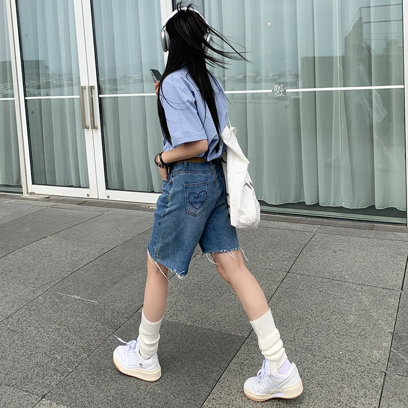 复古设计感高腰牛仔短裤女宽松显瘦阔腿五分裤中裤