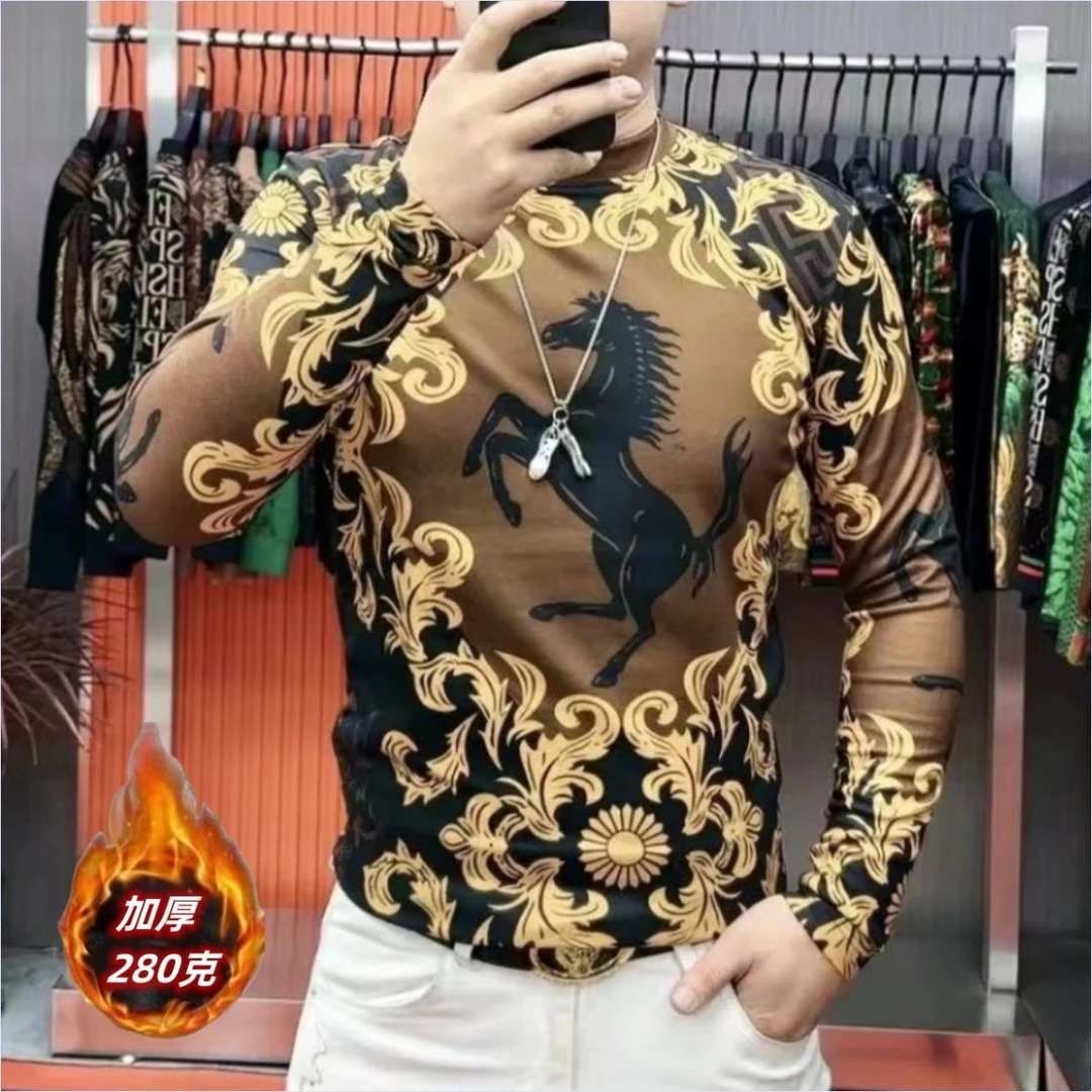 【加厚】秋冬新款德绒男士长袖t恤潮流时尚卫衣修身保暖印花打底衫