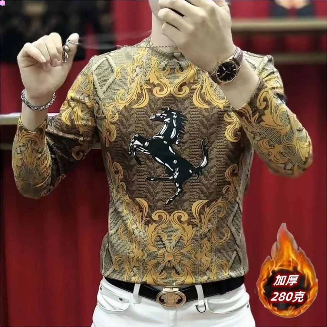 2025秋冬新款韩版时尚印花男士圆领卫衣潮牌长袖休闲加厚保暖上衣