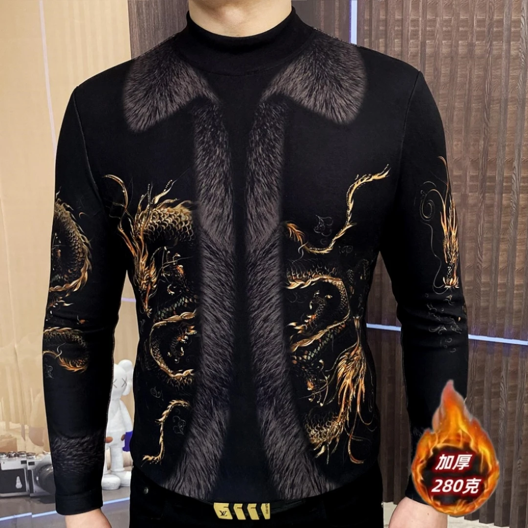 男士时尚长袖秋冬半高领中国风打底衫仿毛形印花潮流休闲加厚款