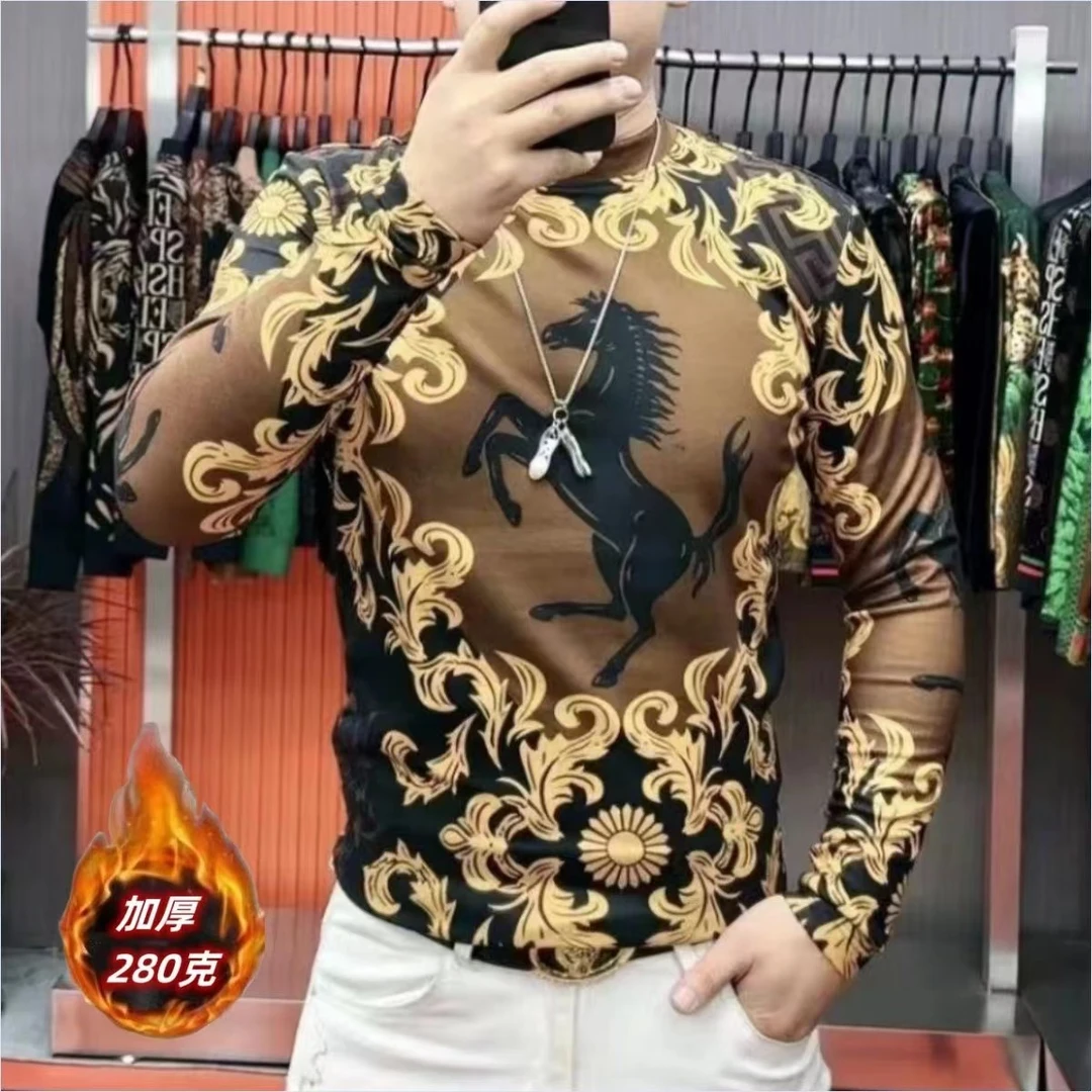 战马】潮流时尚男士t恤长袖秋冬款加厚保暖高弹打底衫休闲体恤衫