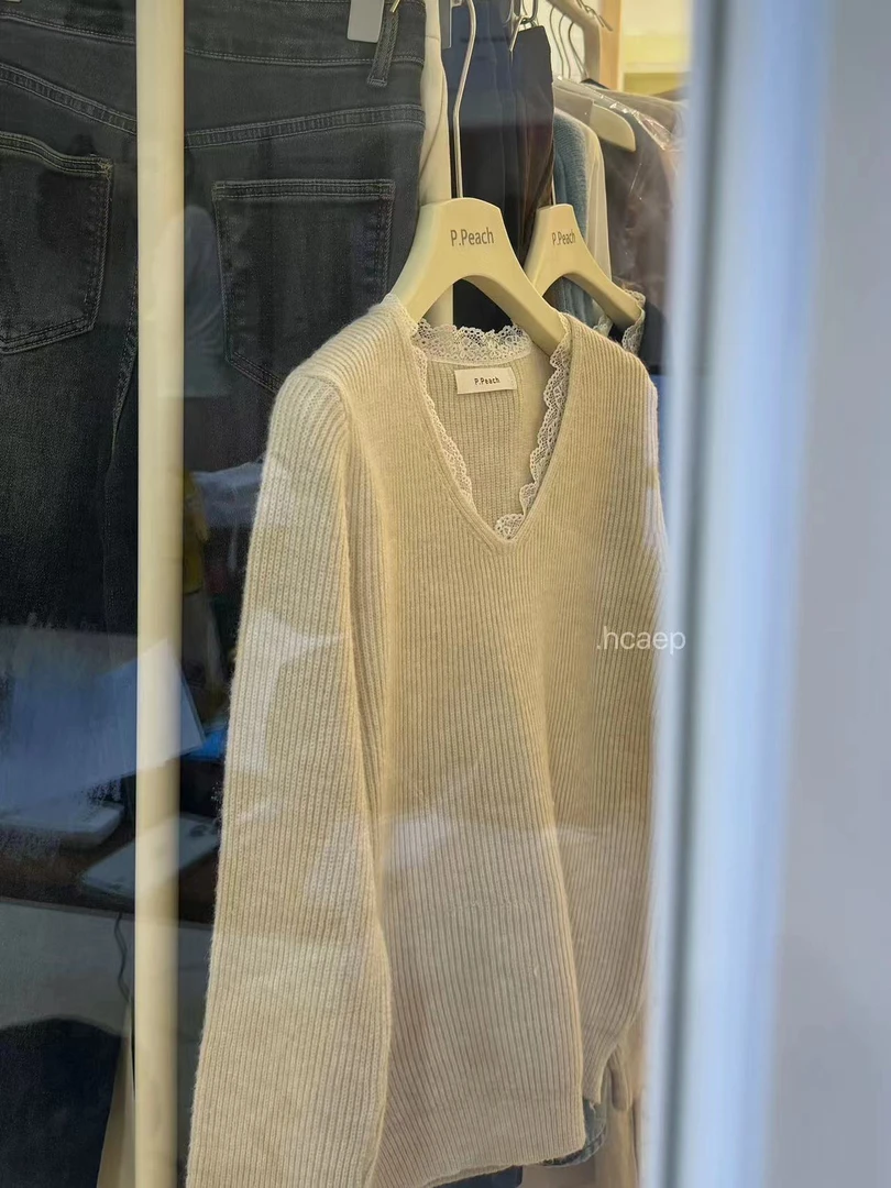 Peach自制 韩系设计感v领拼接蕾丝领针织长袖上衣 F120