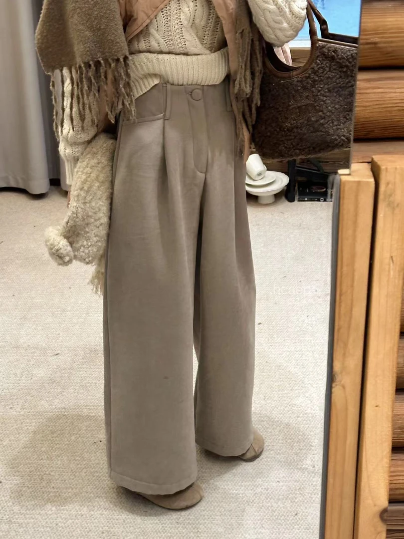 Peach自制 一条过冬！绒面压褶设计高腰松弛厚绒感阔腿九分裤 8318