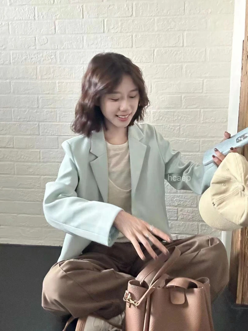 【P.Peach】「清水薄荷」韩版宽松简约高级感短款西装外套 9763