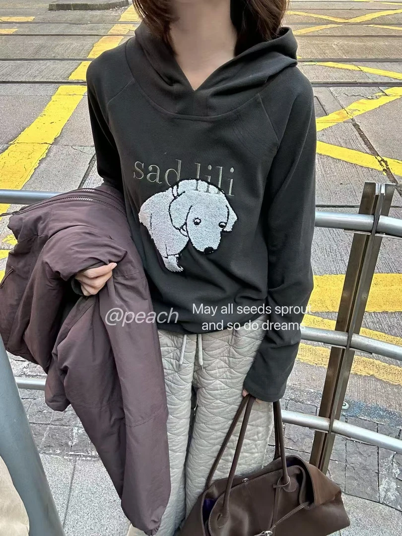 Peach自制 ‘阿梨周边’双面德绒小狗立体连帽长袖休闲卫衣 9956