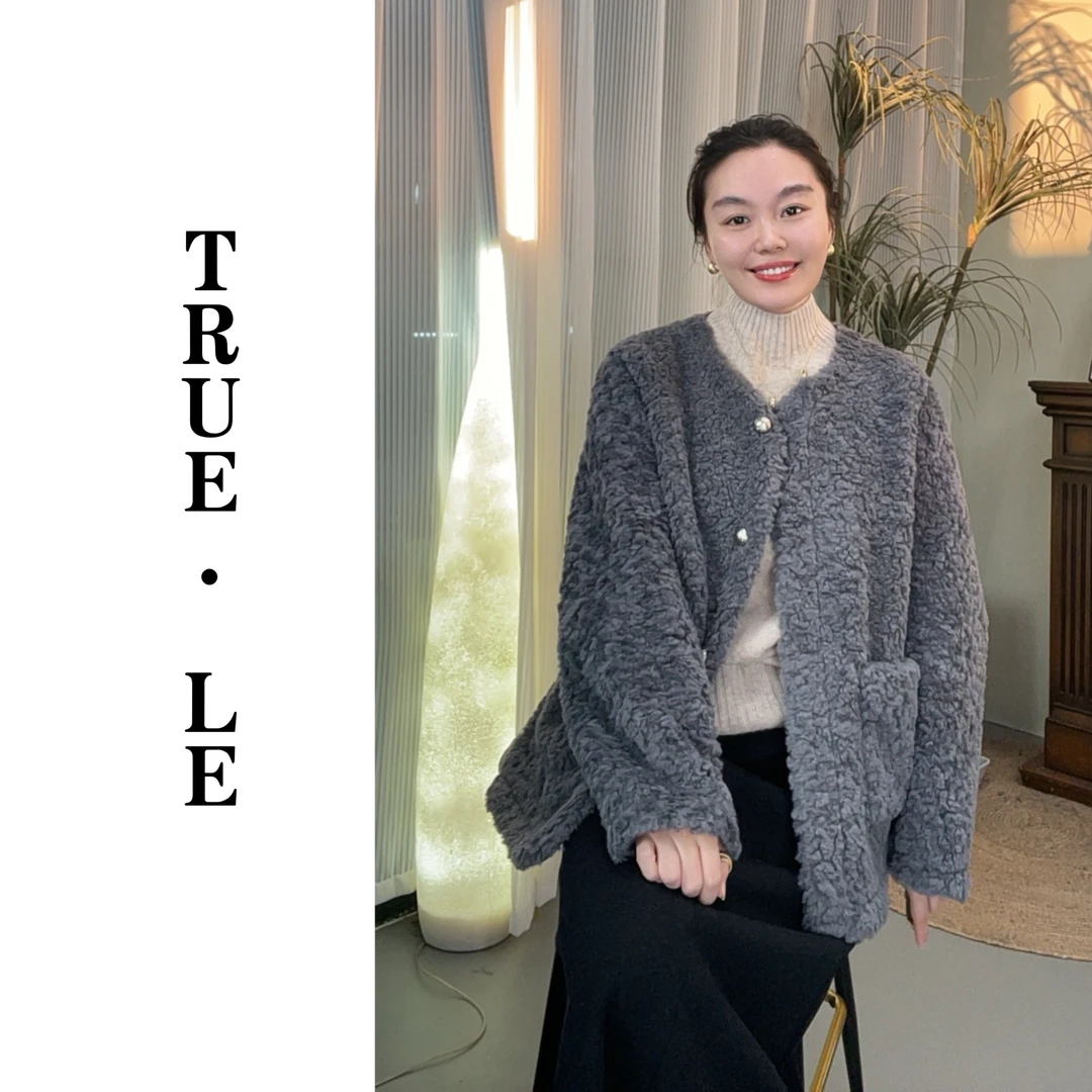True·Le｜”雪韵●星河灰“气质休闲皮毛一体羊.羔毛外套3343