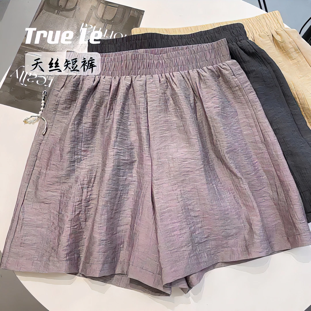【天丝短裤】纯色舒适休闲乱褶口袋松紧腰短裤2554