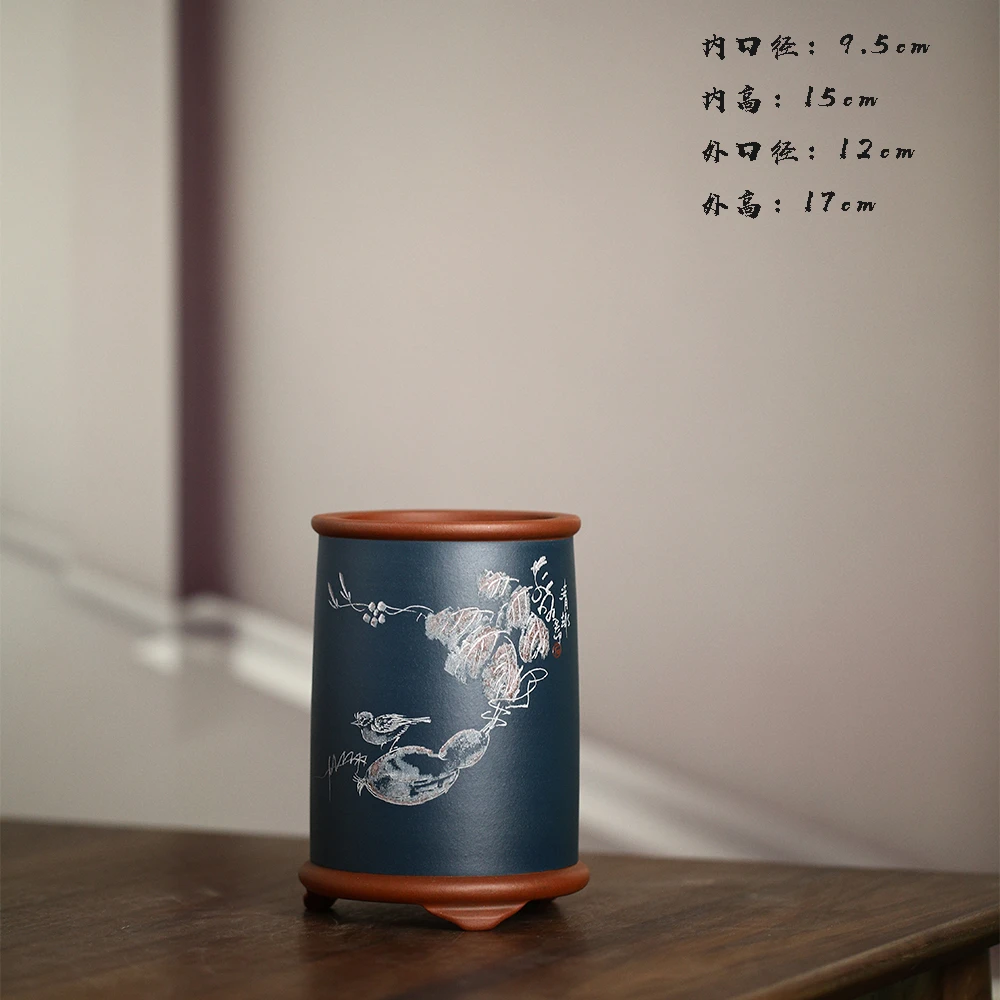 李超精品原矿紫砂高温三足紫茄泥粉蓝浆刻绘圆盆春兰兰花艺草室内
