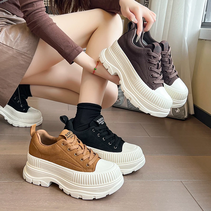 时尚拼色松糕厚底饼干鞋女2024秋冬新款小个子增高运动休闲鞋