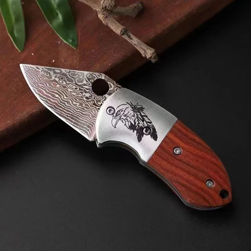 大马士革纹不锈钢折叠小刀便携迷你口袋工具户外多功能小刀