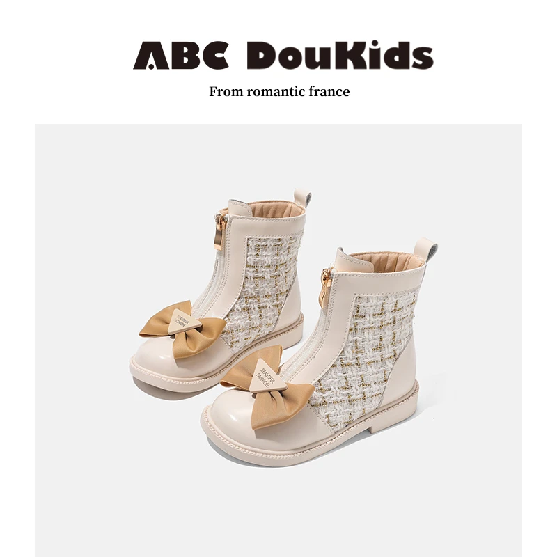 ABC Doukids女童靴子2025冬季新款韩版小香风短靴蝴蝶结儿童皮靴