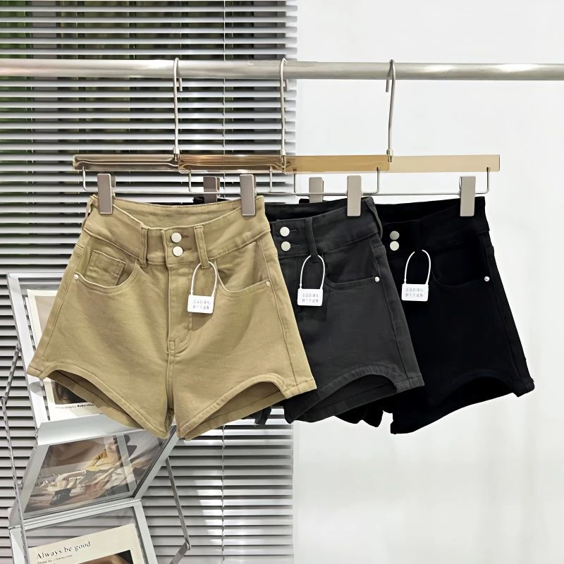卡其色牛仔短裤女百搭新款夏天美式简高腰弹力提臀辣妹紧身热裤女