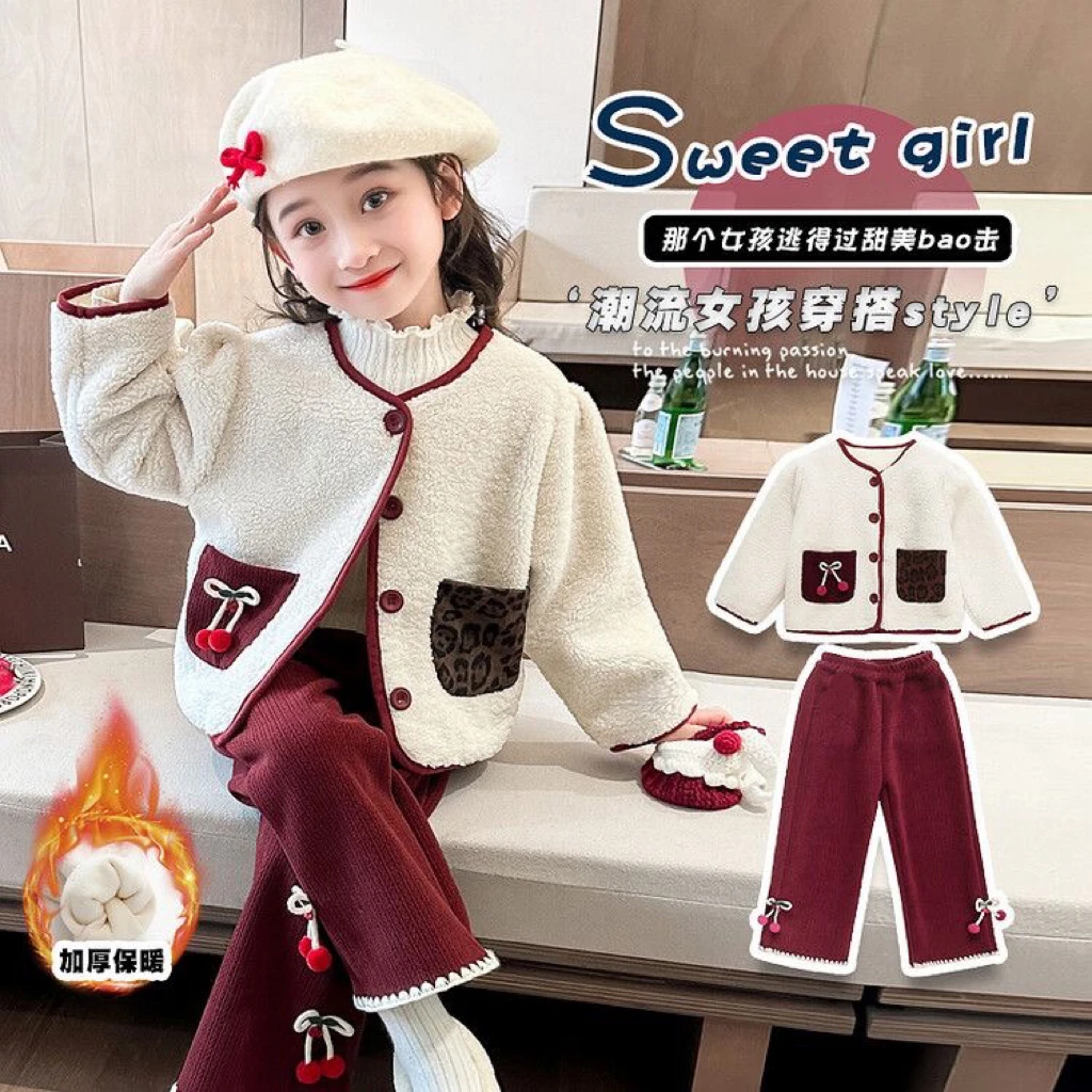 【工厂直销】女童套装冬季洋气加绒外套裤子两件套
