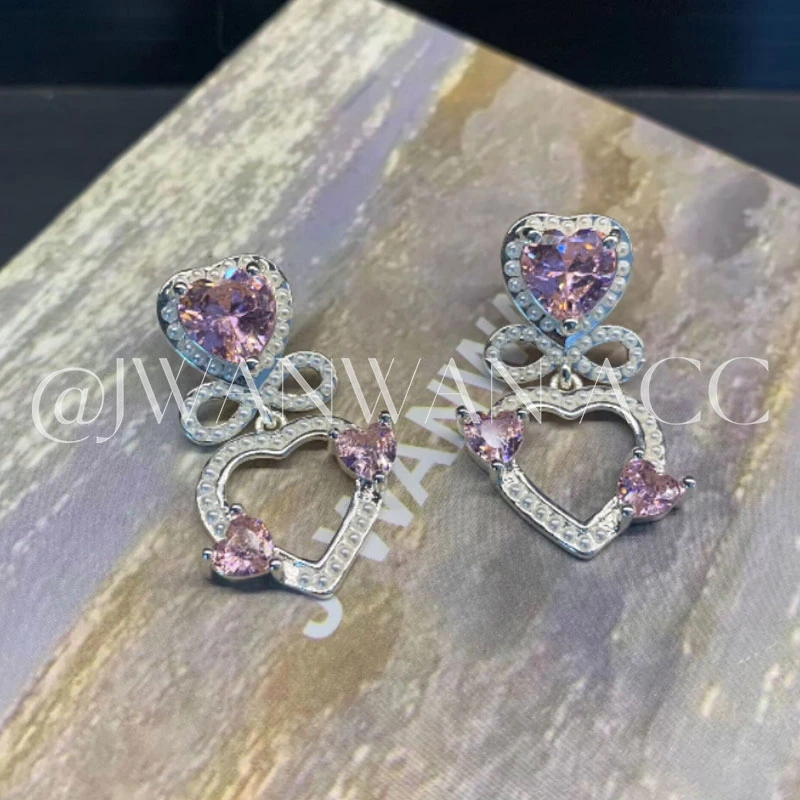 铜合金锆石耳饰 双桃心冰晶米珠耳环01ED1012