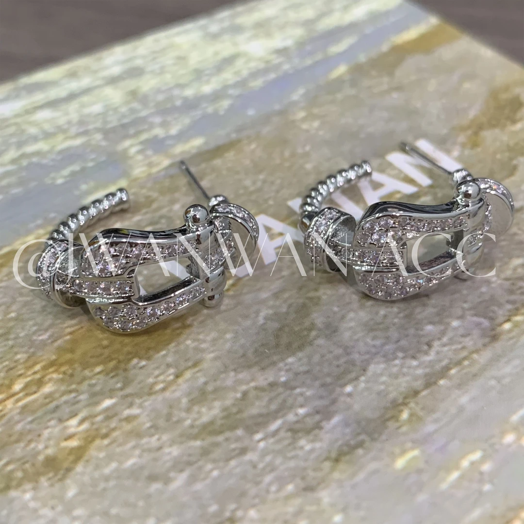 铜合金锆石耳饰 高定F.精致满钻马蹄玫瑰银色耳环01ED1925YS-SM