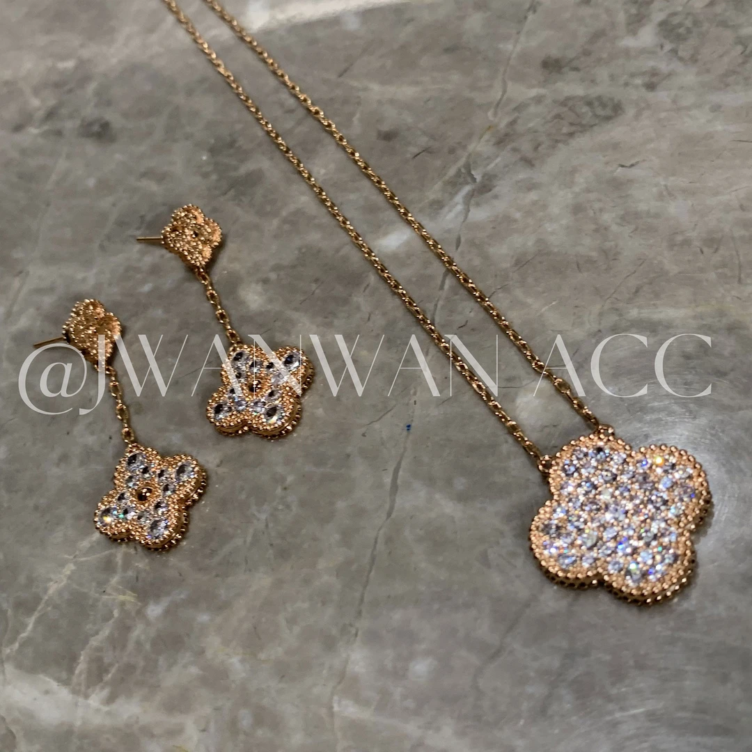 铜合金锆石项链 高定.玫瑰金色满钻大四叶花套装YTMY2524