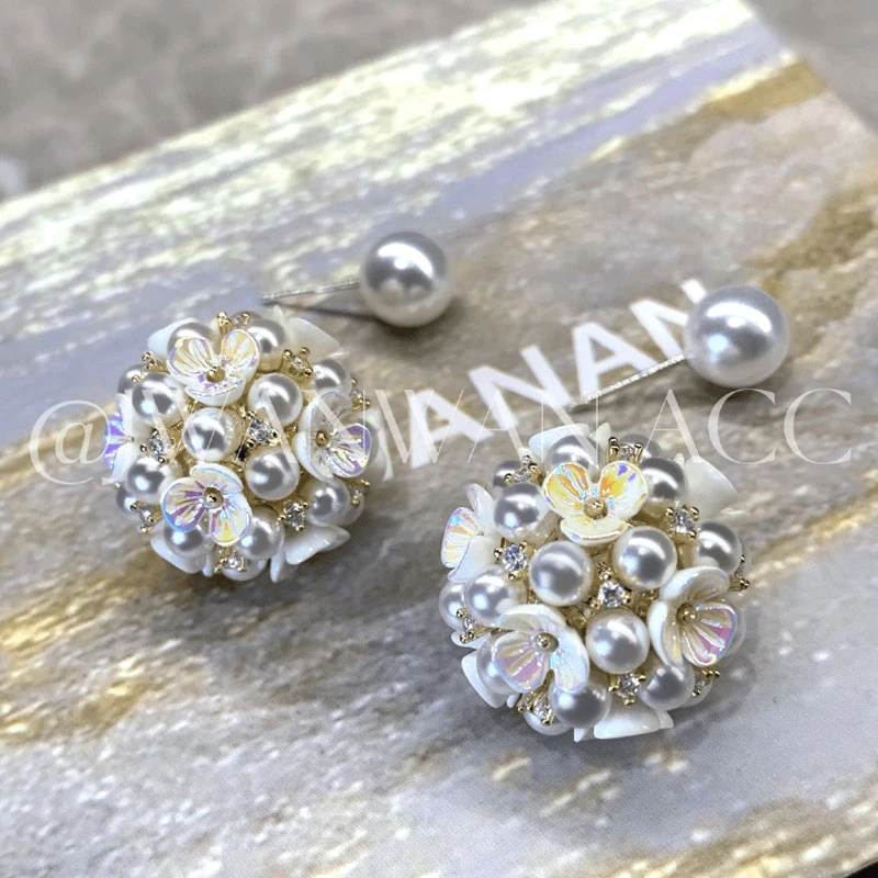 铜合金锆石耳饰 温柔绣球.两戴彩贝小海珠球形花朵耳环01ED1816