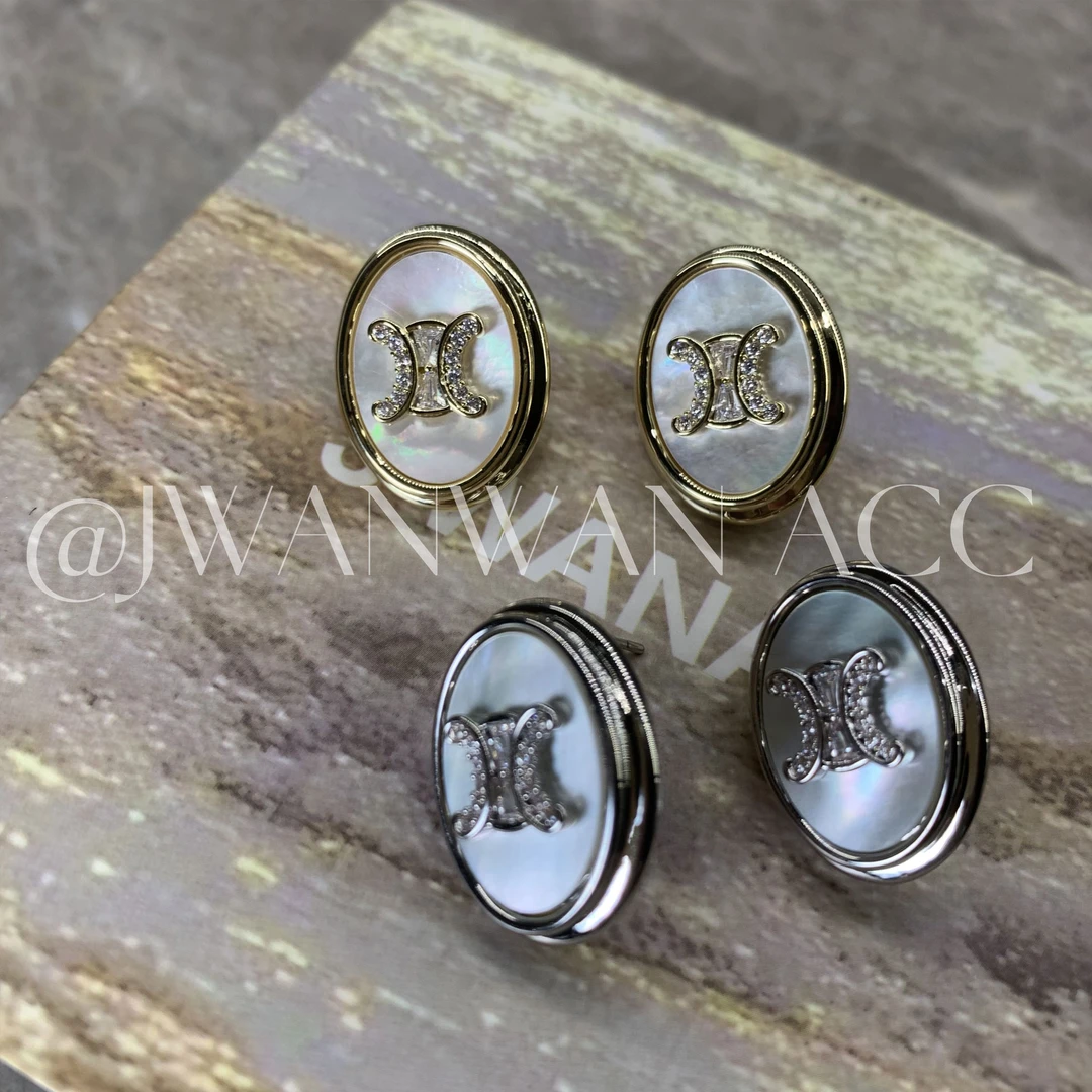 铜合金锆石耳饰 冰岛凯门.异彩白贝椭圆形凯门金银双色耳钉