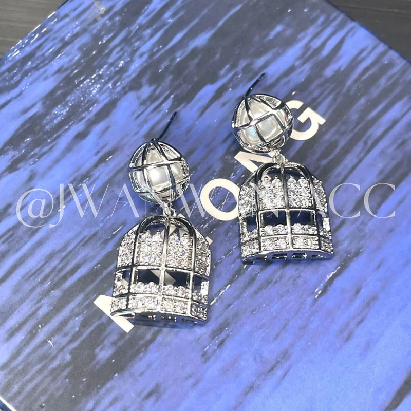 铜合金锆石耳饰 小香银色立体鸟笼耳环01ED984