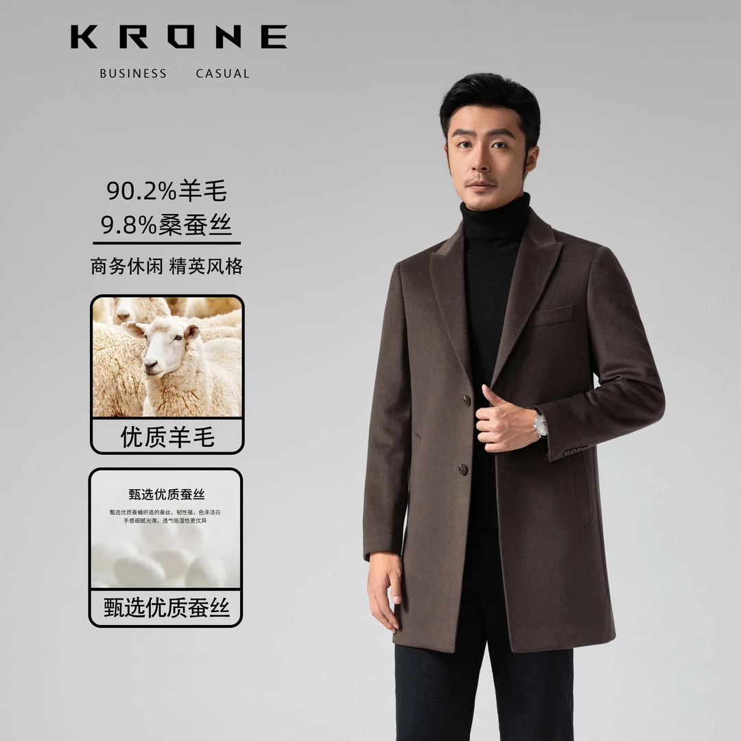 KRONE STONE【桑蚕丝系列】高定款大衣男戗驳领秋季羊毛毛领外套
