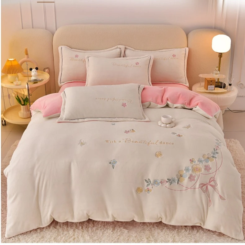 （活动中）销量王-正品牛奶绒刺绣花四件套加绒加厚保暖毛绒双面绒