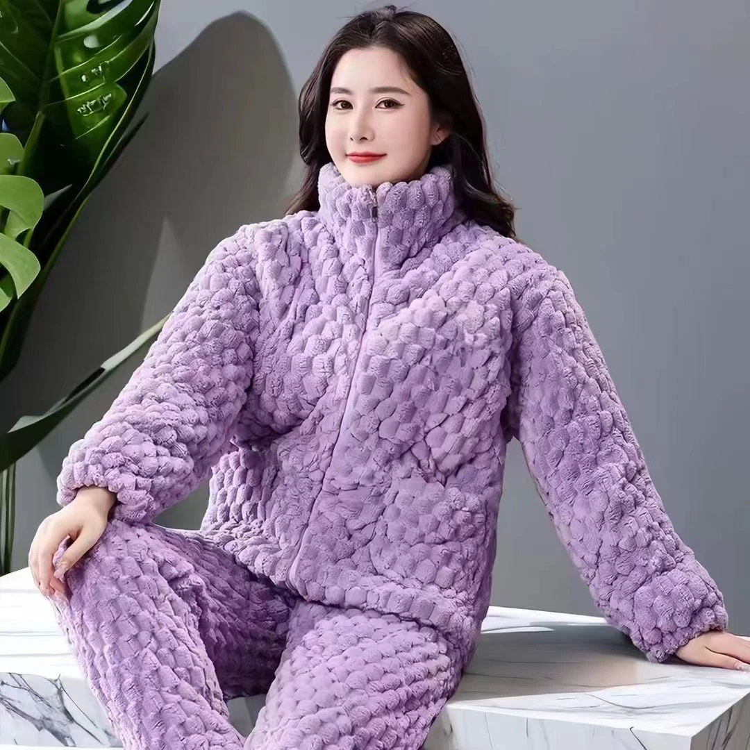 睡衣女冬季超厚时尚法兰绒可外穿三层夹棉加厚保暖加绒家居服套装