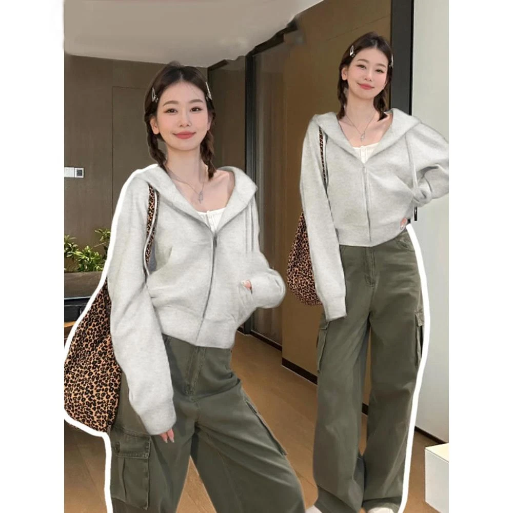 灰色连帽卫衣2024新款拉链开衫卫衣外套女秋冬开衫显瘦短款秋季