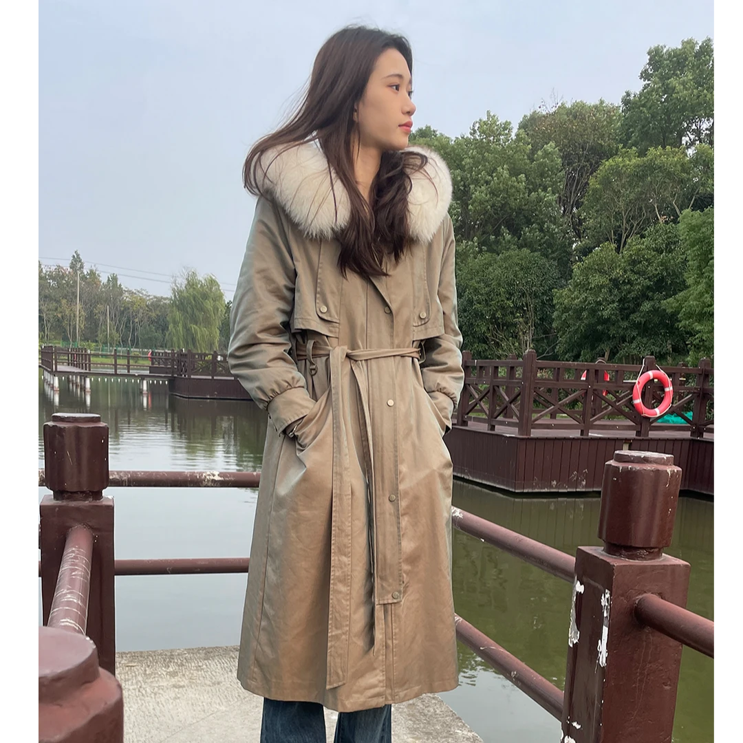 HN‘冬日暖阳’防风御寒长款皮草派克服连帽狐狸毛领兔毛内胆女外套