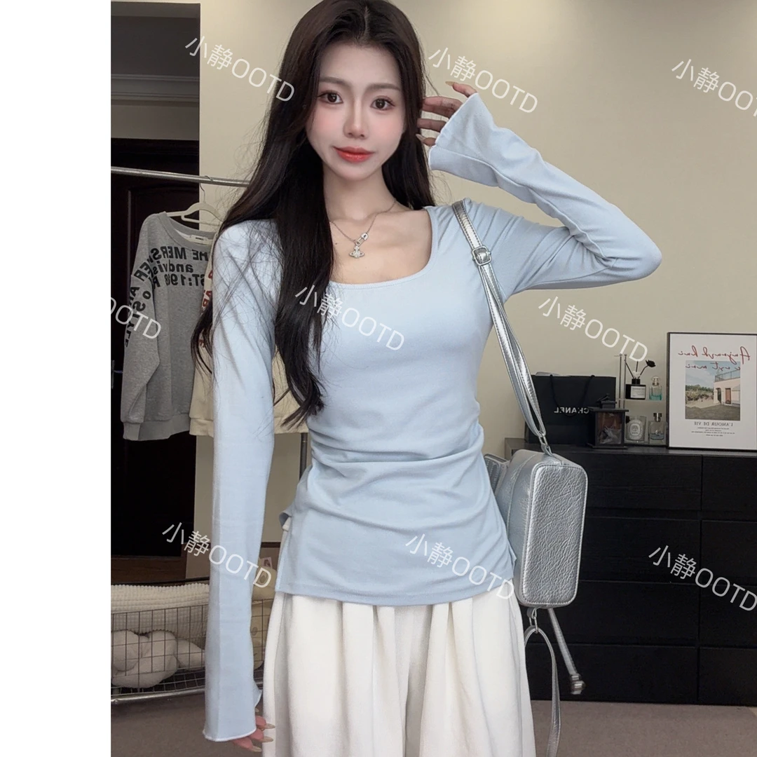 韩版ins风纯欲大U领显瘦收腰修身褶皱秋冬长袖T恤上衣长袖打底