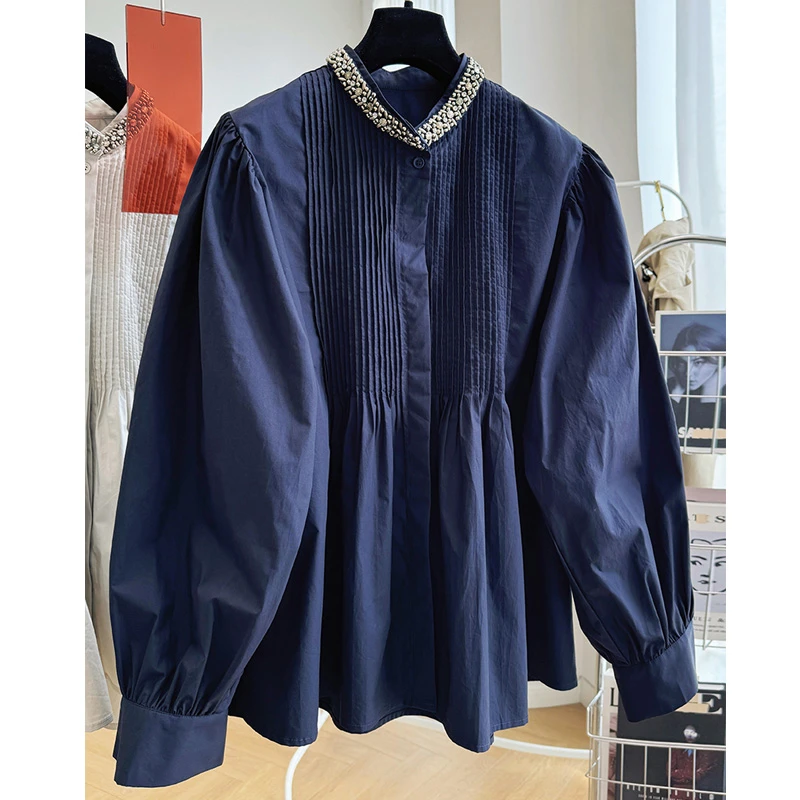 韩系设计感重工褶皱长袖衬衫上衣女2025春秋新款大码立领衬衣气质