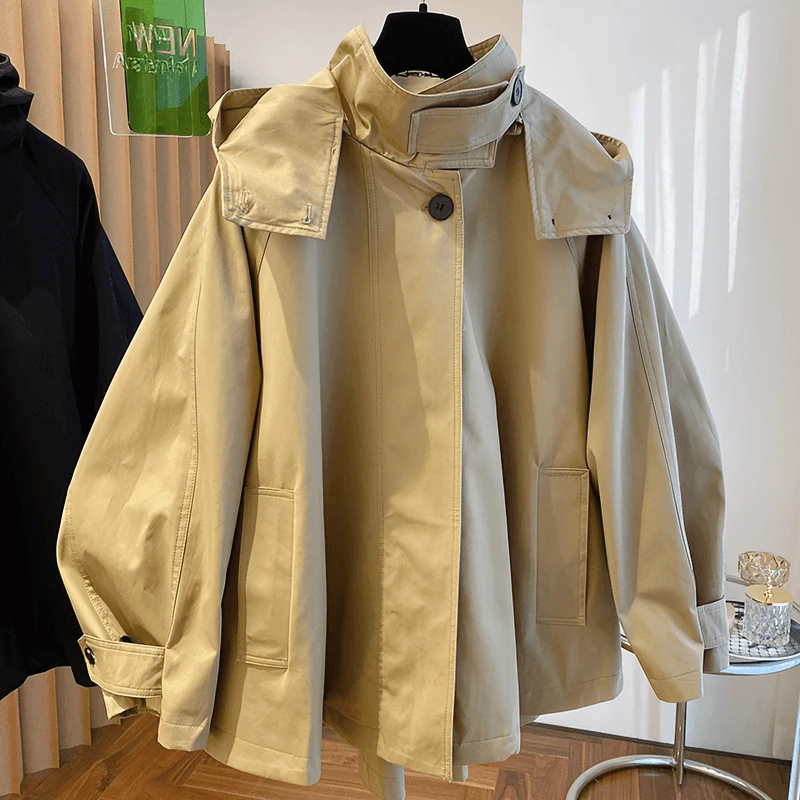 春秋季设计感小众高级复古时尚洋气宽松休闲斗篷式连帽风衣外套女
