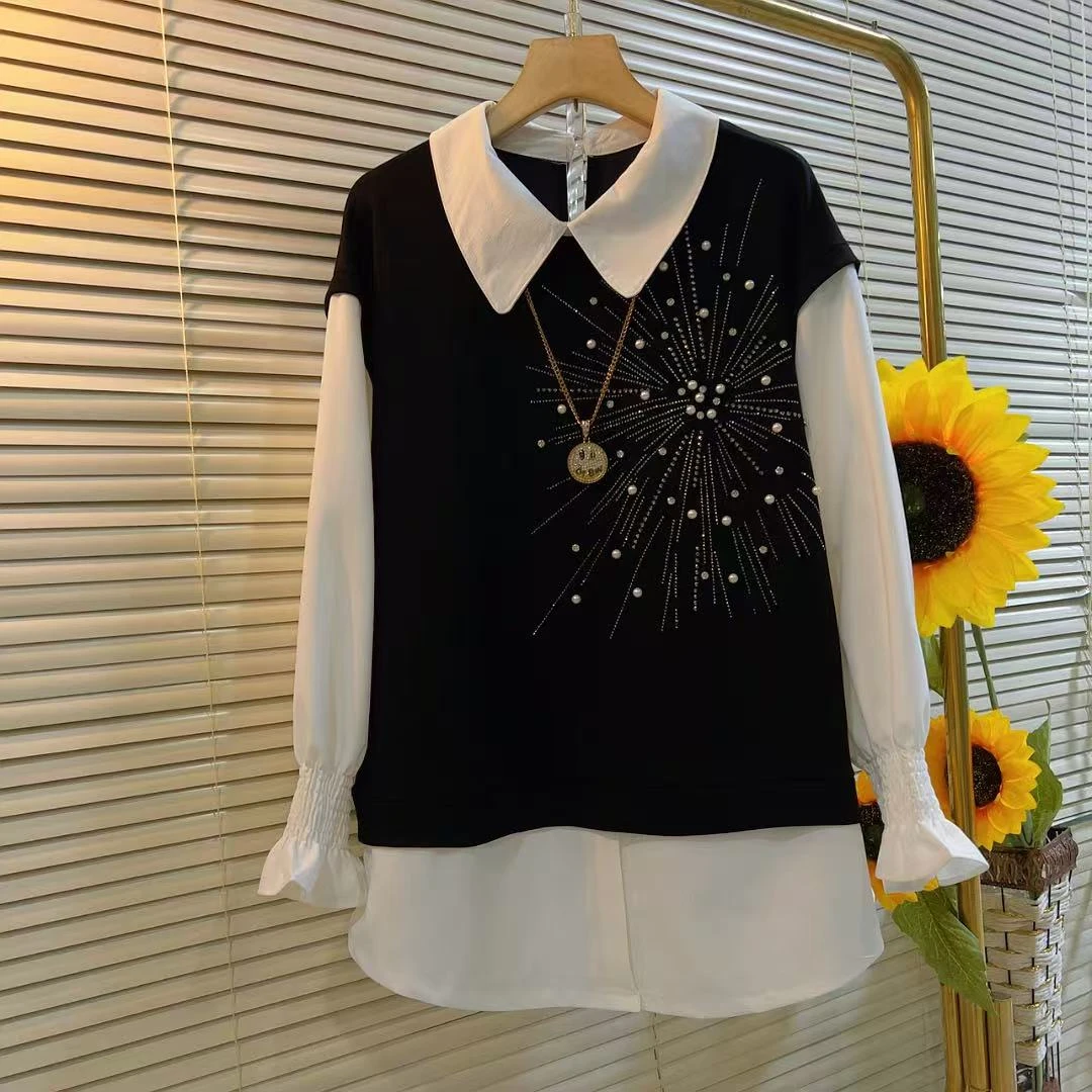 YN秋冬新款翻领大码假两件衬衫上衣