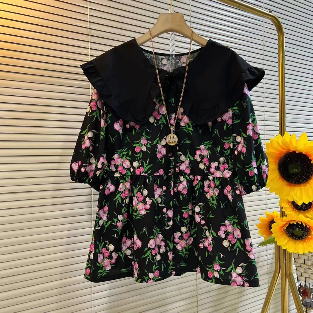 QYM娃娃领碎花大码短袖遮肉减龄上衣