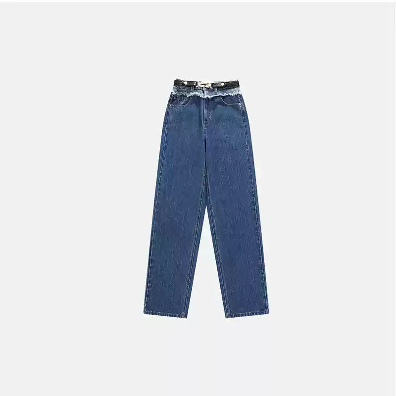 XUZHI金属永恒结装饰撞色拼接牛仔直筒裤（附腰带）