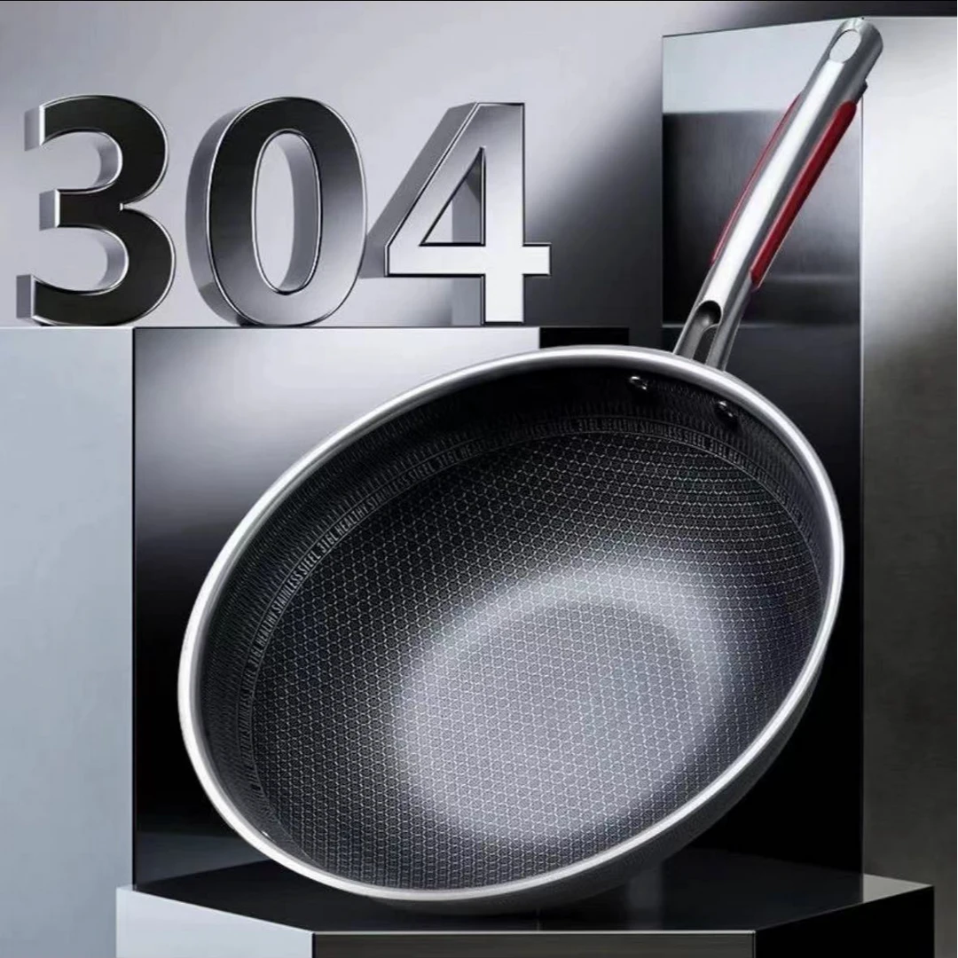 不锈钢炒锅无涂层不粘家用锅电磁炉燃气灶通用升级煎炒32CM