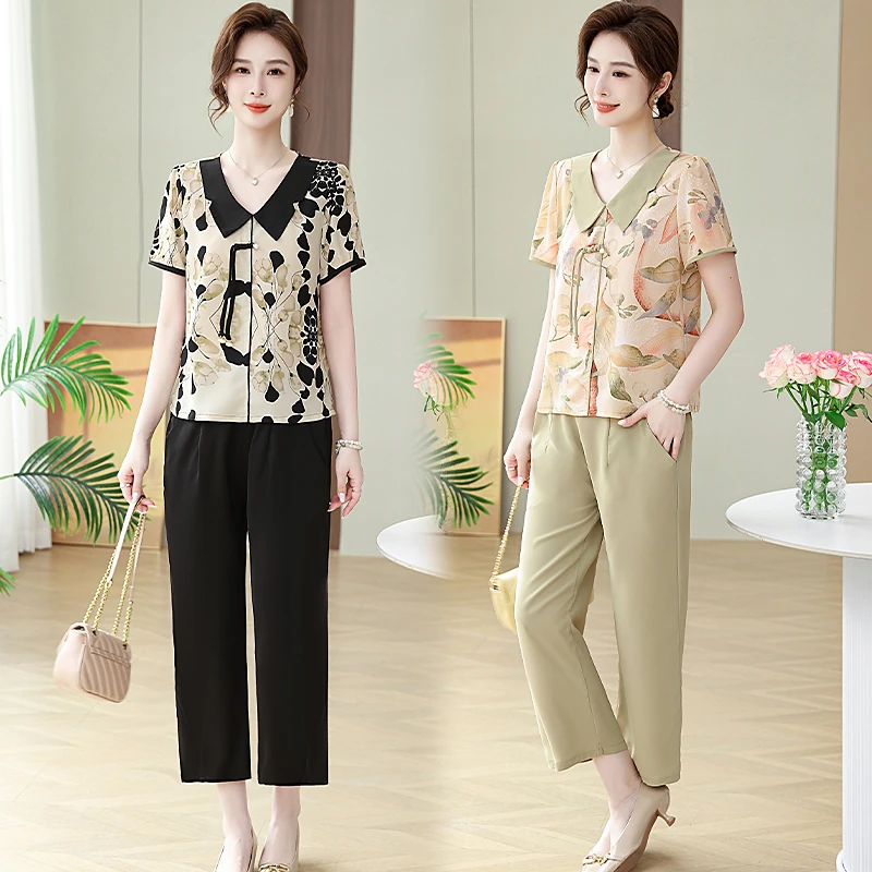 2024新款妈妈装夏季套装中老年女新中式两件套阔太太国风上衣裤子