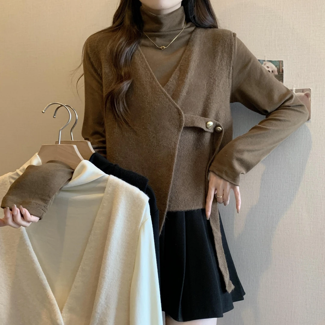 大码女装韩版设计感百搭打底针织衫两件气质时尚显瘦纯色宽松气质