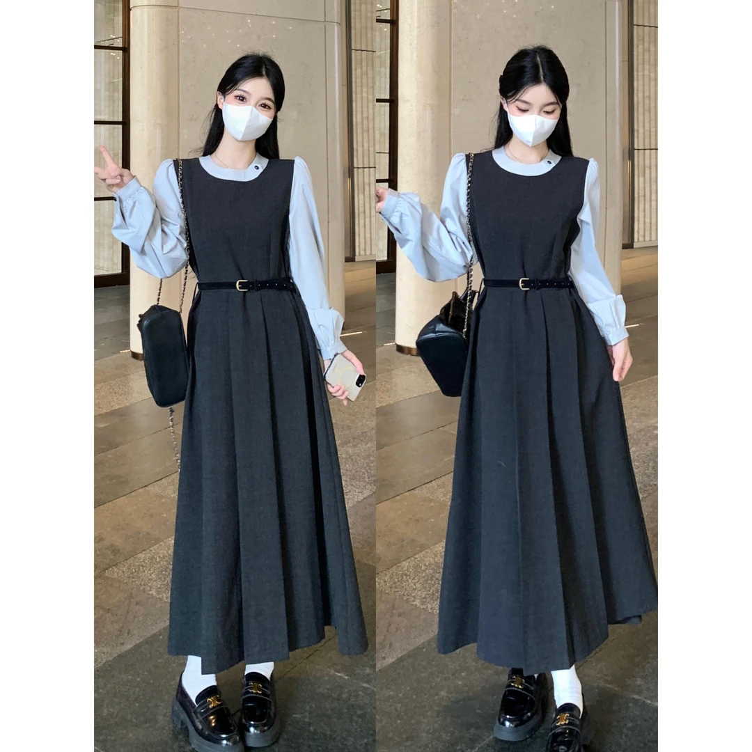 大码胖mm法式假两件长袖连衣裙女2025秋冬显瘦韩系氛围感穿搭长裙