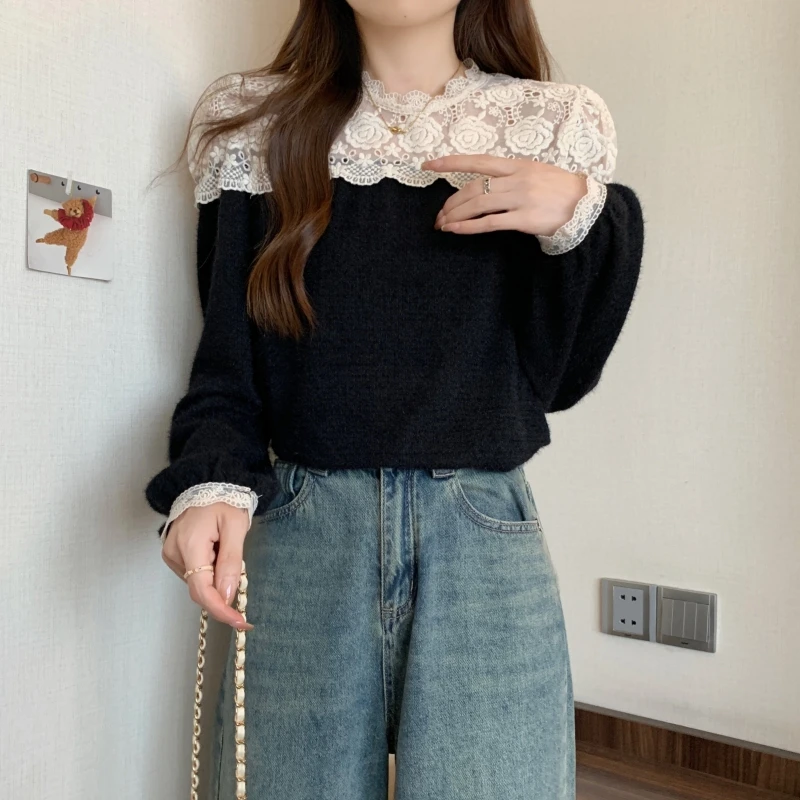 2025大码女装秋冬新款胖MM气质拼接加厚玫瑰花蕾丝针织衫宽松小众