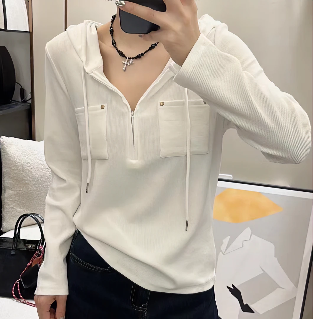 韩版时尚百搭简约螺纹高弹力帽衫