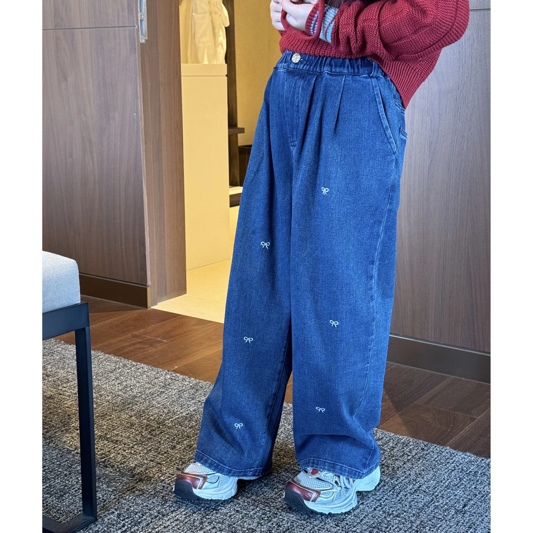 泡妈童装  2024秋季儿童女童刺绣蝴蝶结牛仔长裤24226