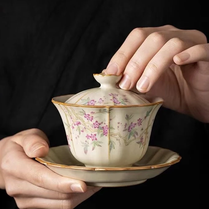 老翁茶具-原矿豆黄汝窑三才盖碗手工紫藤花系列茶具套组