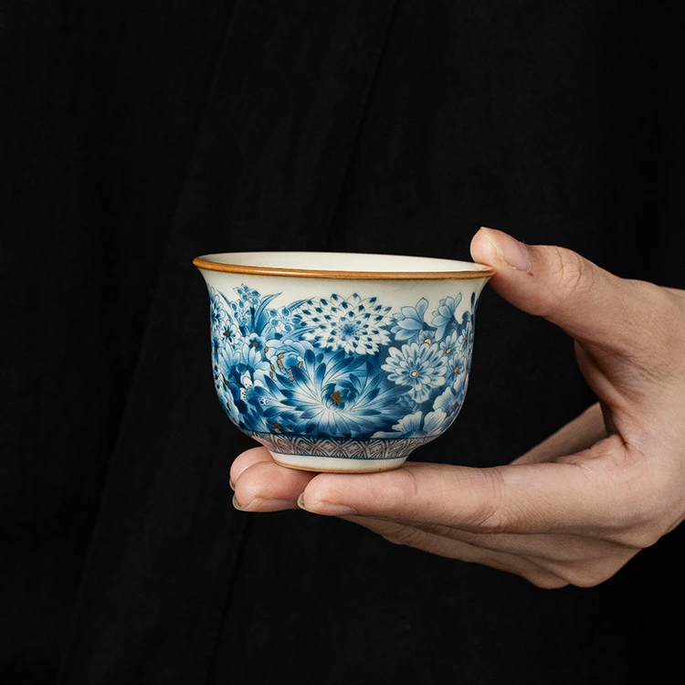 老翁茶具-汝窑复古纯手工中式主人杯手绘陶瓷茶杯